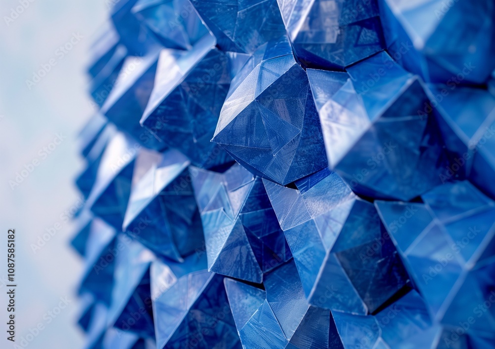 A close-up of an abstract geometric sculpture made from blue paper, with intricate patterns and shapes that create depth and texture in the white background.