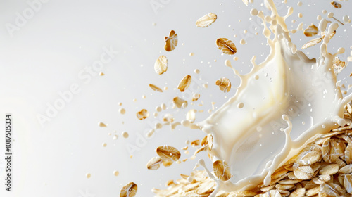 Dynamic splash of oat milk enveloping scattered rolled oats on white backdrop. perfect for health, nutrition, and vegan diet themes, freshness and naturalness of oat milk. photo