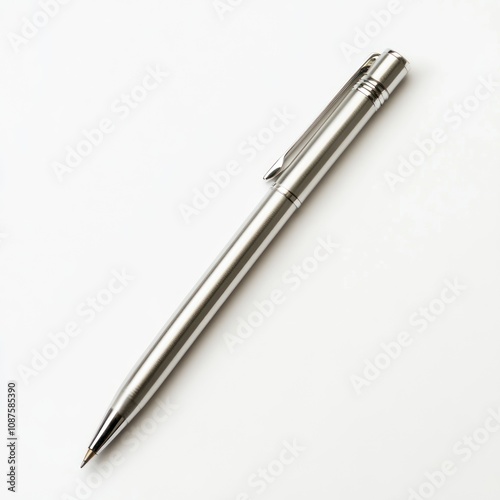 A sleek metallic pen resting on a white surface, designed for writing and note-taking.