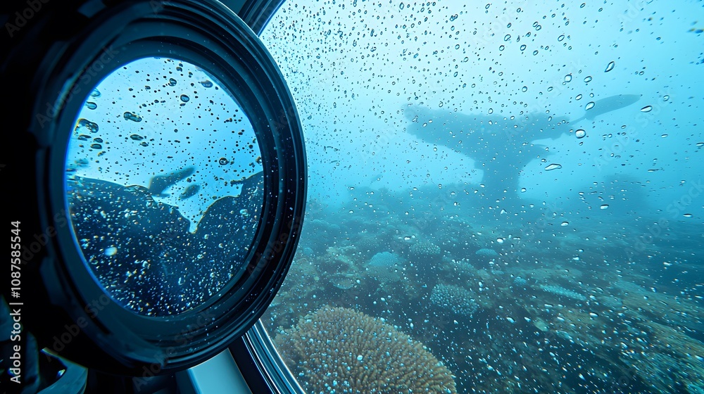 A close-up of oil droplets on the lens of an underwater camera, obscuring the view of marine life. A close-up of oil droplets on the lens of an underwater camera, obscuring the view of marine life.