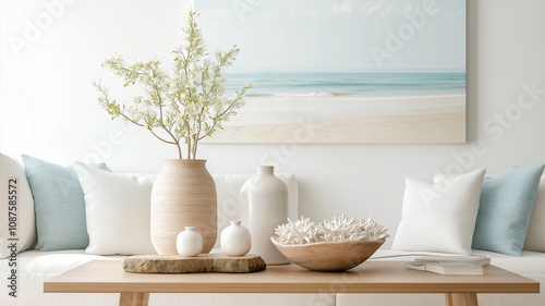 serene living room scene featuring light colored sofa adorned with soft cushions, wooden table, and