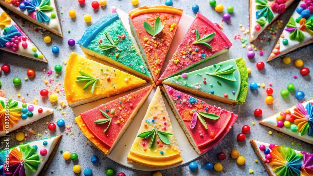Fototapeta premium A colorful rainbow of cheesecake slices, decorated with delicate green sprigs and scattered with rainbow sprinkles, sits on a white plate surrounded by colorful candies.