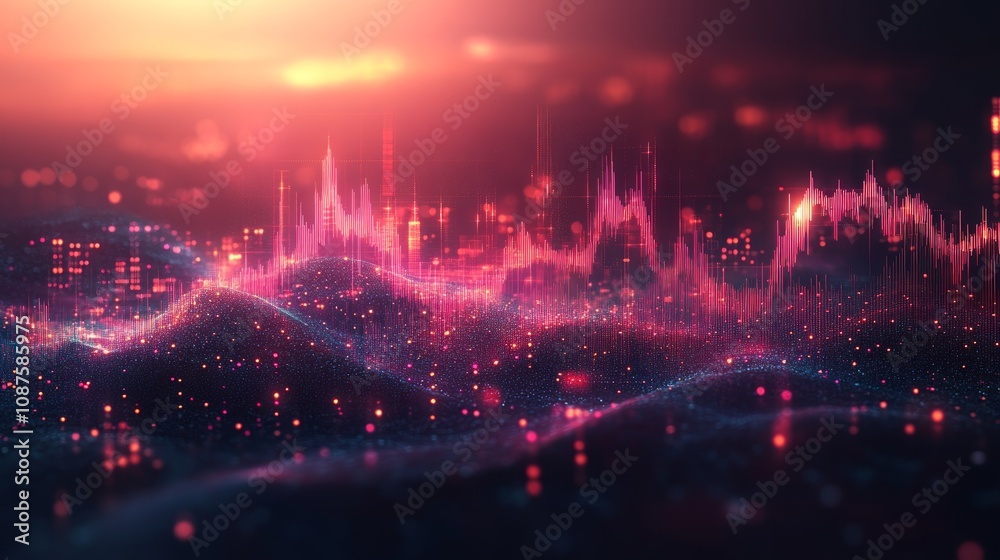 Fototapeta premium Abstract city landscape with glowing data waves.