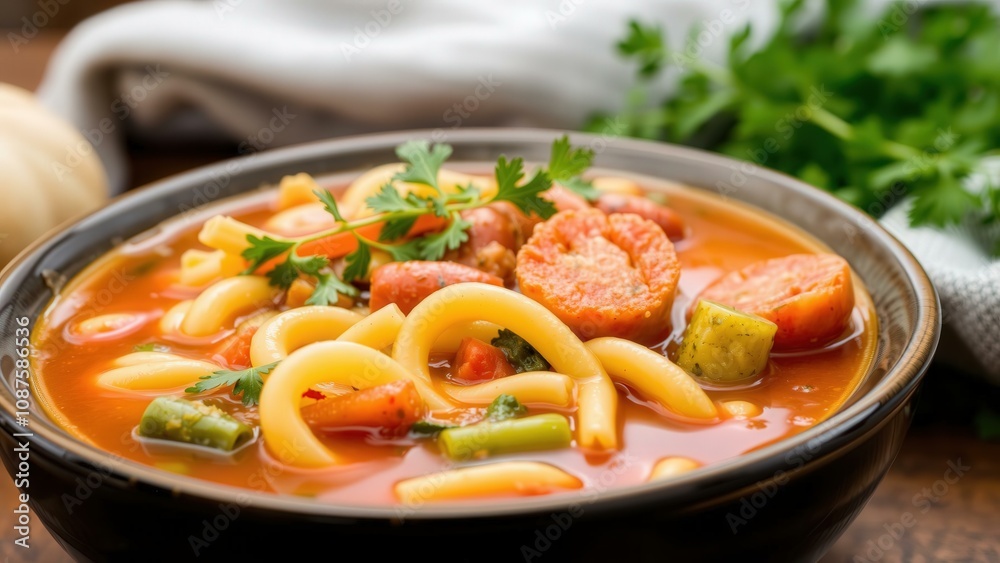 Warm Up with a Delicious Bowl of Spicy Tomato Soup Filled with Hearty Noodles and Vegetables for a Cozy Meal Warm Up with a Delicious Bowl of Spicy Tomato Soup Filled with Hearty Noodles and Vegetables for a Cozy Meal