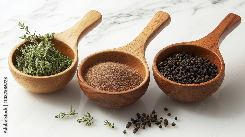 Aromatic Spices and Herbs in Wooden Spoons - Fresh thyme, black peppercorns, and ground spices in rustic wooden scoops.  Culinary, cooking, food photography, seasoning, herbs.