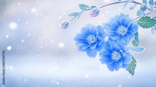 Frost-covered blue asters with icy edges, set against a cold winter landscape, capturing their unique beauty in chilly weather