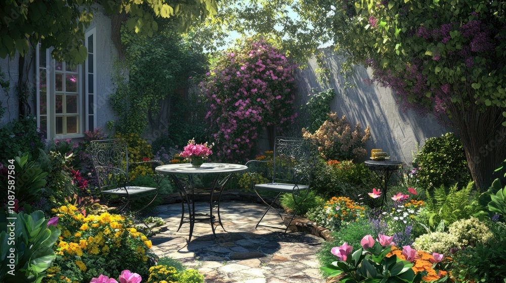 custom made wallpaper toronto digitalCozy garden corner with a table and two chairs, surrounded by lush greenery and colorful flower beds.