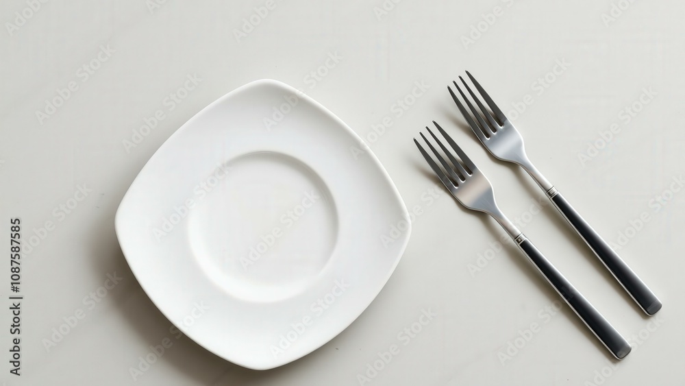 Elegant Dining Setup with Square White Plate and Stylish Silver Forks, Perfect for Modern Table Settings Elegant Dining Setup with Square White Plate and Stylish Silver Forks, Perfect for Modern Table Settings