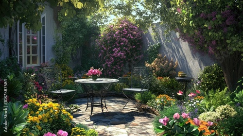 Wallpaper Mural Cozy garden corner with a table and two chairs, surrounded by lush greenery and colorful flower beds. Torontodigital.ca