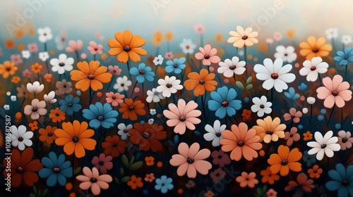 Colorful field of abstract flowers with a blend of orange, blue, pink, and white petals against a soft out-of-focus background, creating a serene and artistic floral pattern.