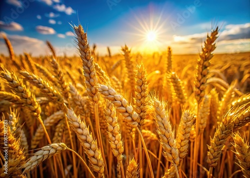 Macro view of ripe wheat, shimmering gold under the harvest sun.