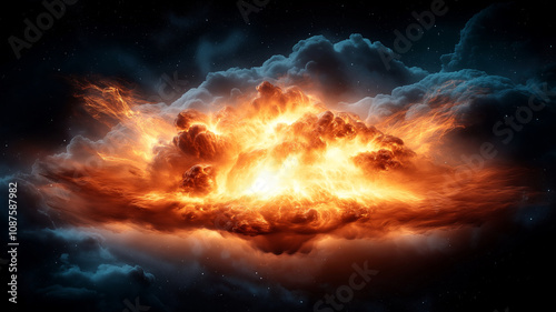 dramatic explosion of fiery clouds illuminates night sky, creating stunning visual