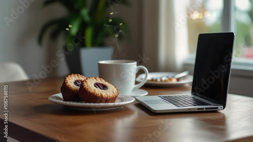 a cup of coffee, cake, and laptop on the table on a quiet morning. seamless looping 4k video background animation