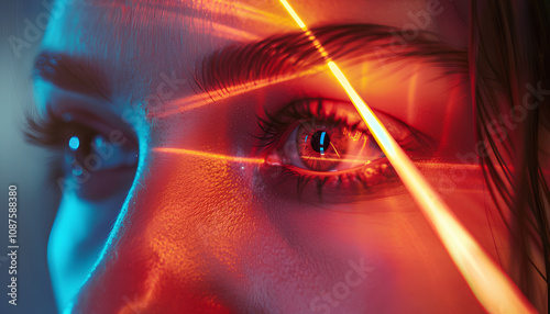 Closeup view of woman and laser ray illustration. Vision correction surgery