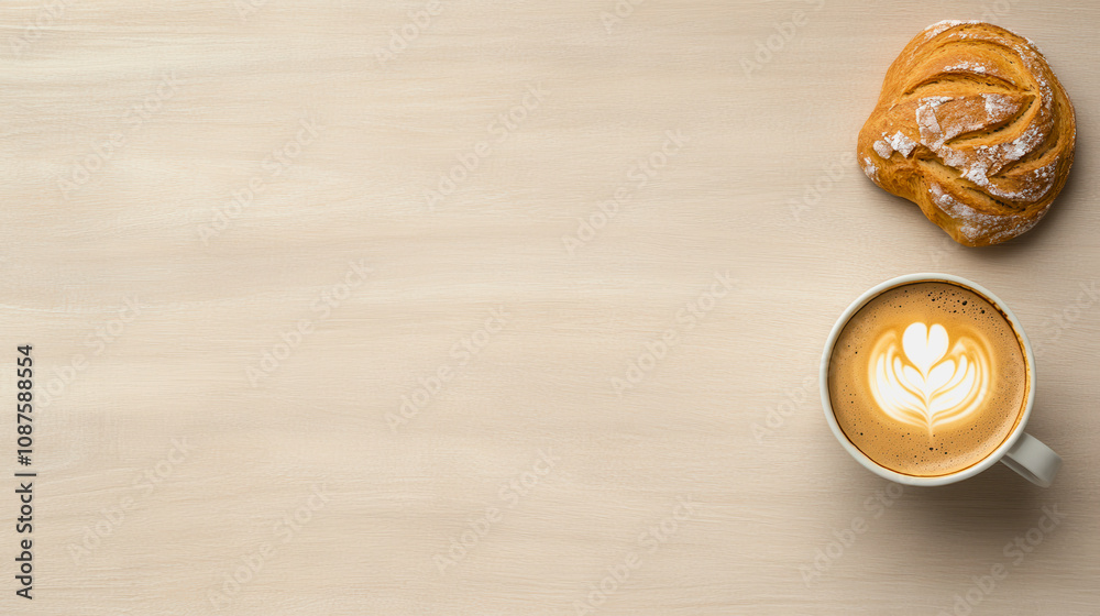 Cozy Coffee Moment with a Delicious Pastry on a Light Wooden Background, Featuring a Beautiful Latte Art Heart Design and a Sweet Roll for Perfect Breakfast