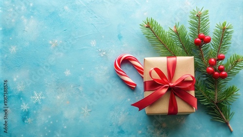 A wrapped gift with a red ribbon, a candy cane, and a sprig of pine with red berries on a light blue background with snowflakes