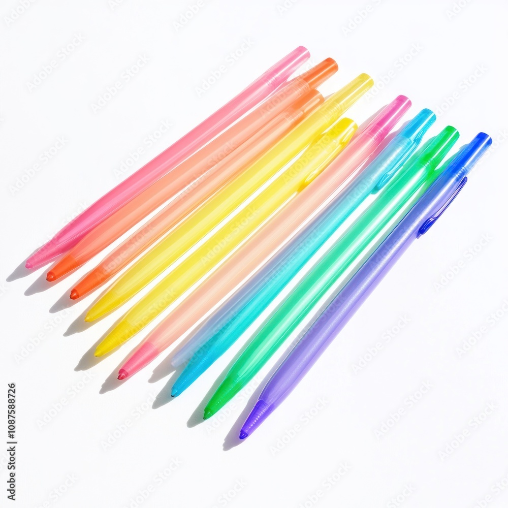 A vibrant array of colorful pens arranged in a line, ideal for writing and creativity.