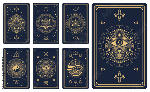 Magic tarot cards with astrological, occult, mystical symbols. Vector boho style witchcraft, spiritual cards with esoteric golden signs of pyramid, cross, all-seeing eye, stars and celestial patterns