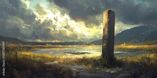 Weathered pole stands tall in a serene landscape, showcasing the beauty of nature surrounding the weathered pole and enhancing the tranquil atmosphere of the stunning landscape. photo