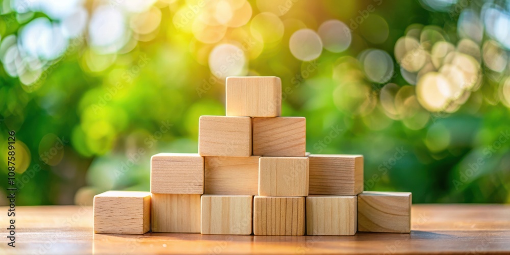 Wooden Blocks Stacked in a Pyramid Shape on a Wooden Table with a Blurred Green Background and Sunlight Wooden Blocks Stacked in a Pyramid Shape on a Wooden Table with a Blurred Green Background and Sunlight
