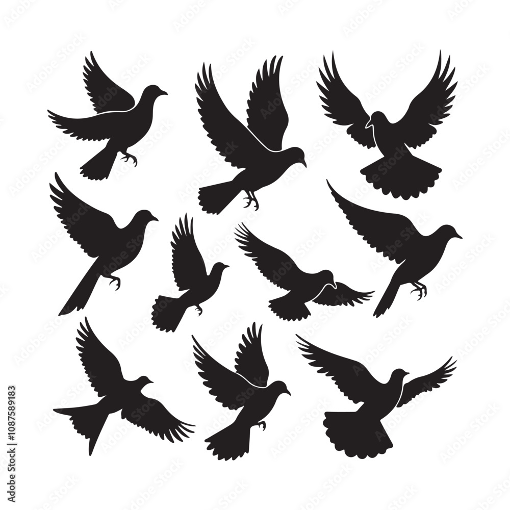 Set of Dove Bird Silhouettes in Various Flying Poses for Design Set of Dove Bird Silhouettes in Various Flying Poses for Design