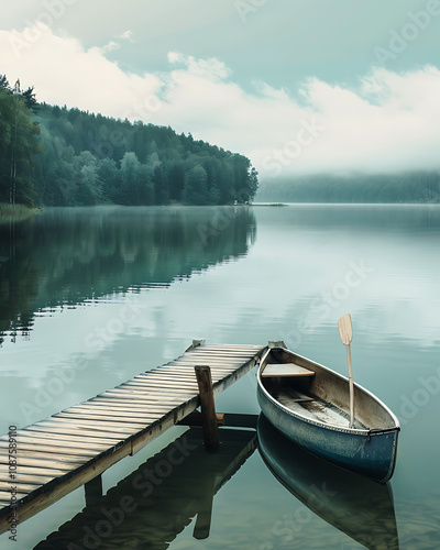 Serene Morning on the Lake: A small wooden boat rests peacefully at a wooden dock, reflecting the tranquil mist and forest-lined shores of a serene lake.