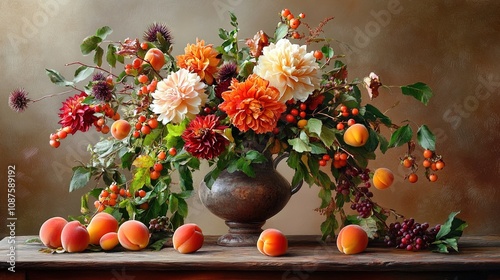 Wallpaper Mural table arrangement with bouquet of rose, dahlias, rowan berries, thistles and physalis in a rustic vase and fresh apricots Torontodigital.ca