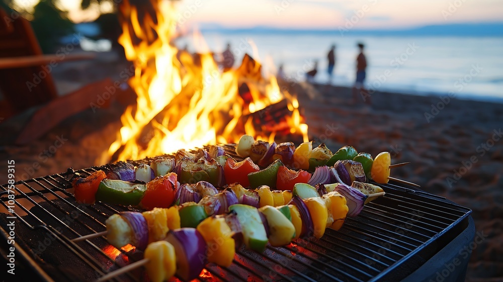A beach bonfire gathering with healthy veggie skewers on the grill A beach bonfire gathering with healthy veggie skewers on the grill