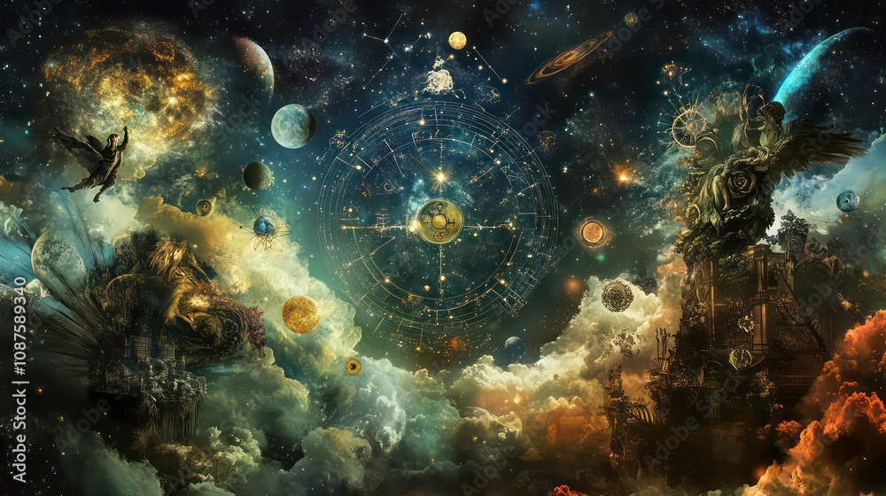 A celestial clockwork tower with angels and planets floating in a starry sky. A celestial clockwork tower with angels and planets floating in a starry sky.