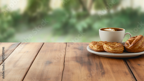 Cozy Coffee Moment with Croissants on a Wooden Table Surrounded by Lush Greenery and a Soft Blurred Background for Relaxation and Enjoyment