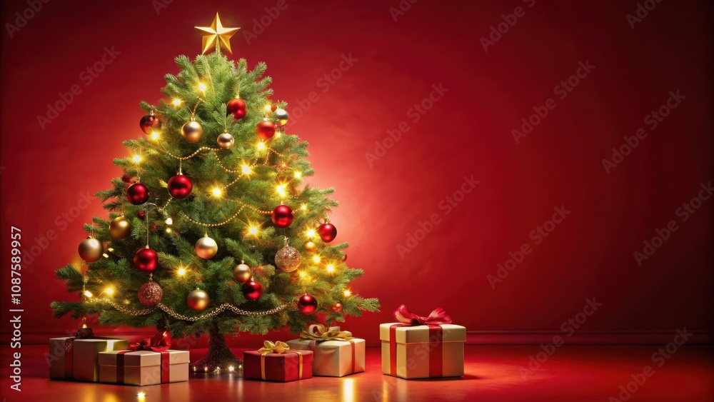 A beautifully decorated Christmas tree with twinkling lights, glittering ornaments, and presents wrapped in festive red and gold paper, all set against a vibrant red background. A beautifully decorated Christmas tree with twinkling lights, glittering ornaments, and presents wrapped in festive red and gold paper, all set against a vibrant red background.