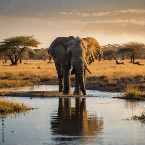 An elephant stands gracefully in shallow waters, reflecting the warm colors of the sunset against the golden savanna. Surrounding trees complete this tranquil landscape. Generative AI