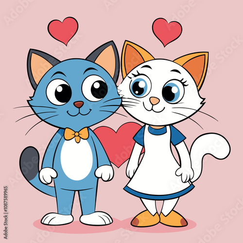 Children's illustration of two cartoon cats with hearts, feelings for each other