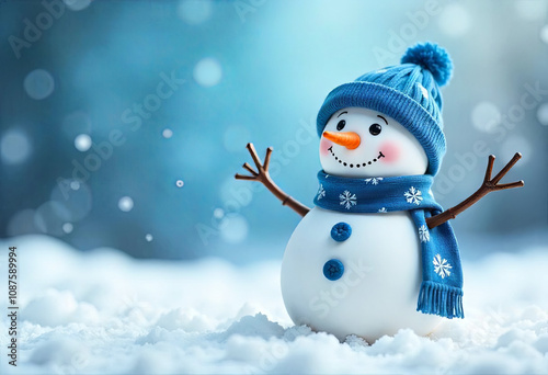 Funny snowman in blue hat and knitted scarf in snow. New Year concept