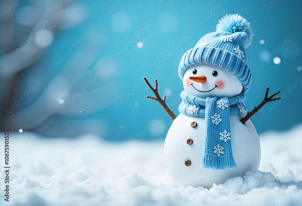 Funny snowman in blue hat and knitted scarf in snow. New Year concept Funny snowman in blue hat and knitted scarf in snow. New Year concept