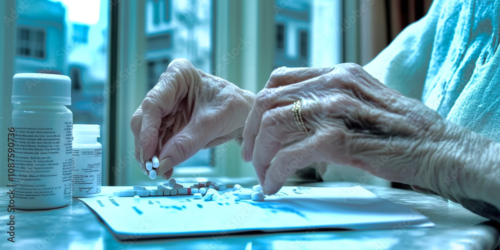An elderly person's hands pick out the pills on a table An elderly person's hands pick out the pills on a table