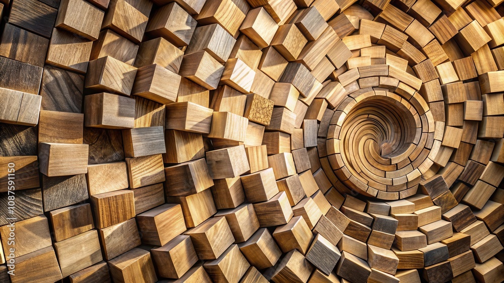 Fototapeta premium A swirling vortex of wood, constructed from stacked blocks of varying sizes and grains, creates a mesmerizing optical illusion.