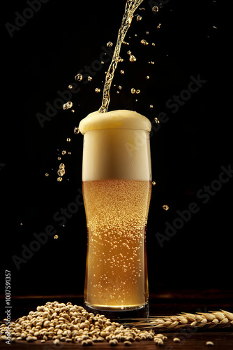 Erfrischendes Bier im Glas mit Gerste und Spritzern

 photo