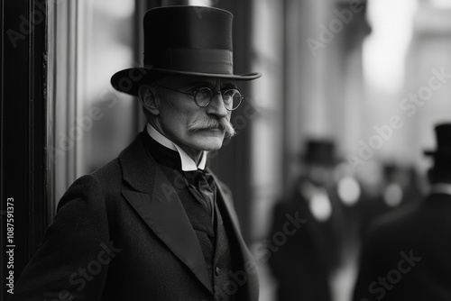 Elegant gentleman wearing top hat and glasses posing in city photo