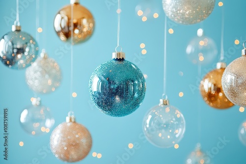 Shiny christmas balls hanging on light blue background