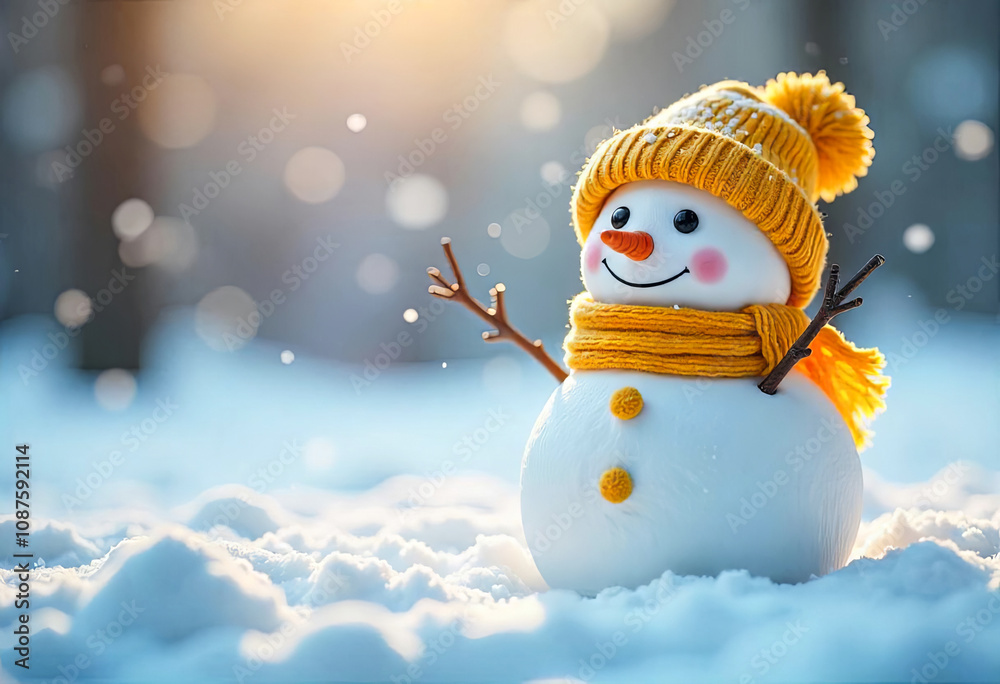 Fototapeta premium Funny snowman in a knitted hat and scarf in the snow. New Year concept