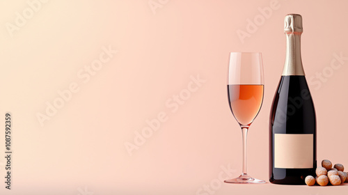 bottle of champagne with glass and hazelnuts on soft pink background, perfect for celebrations and special occasions