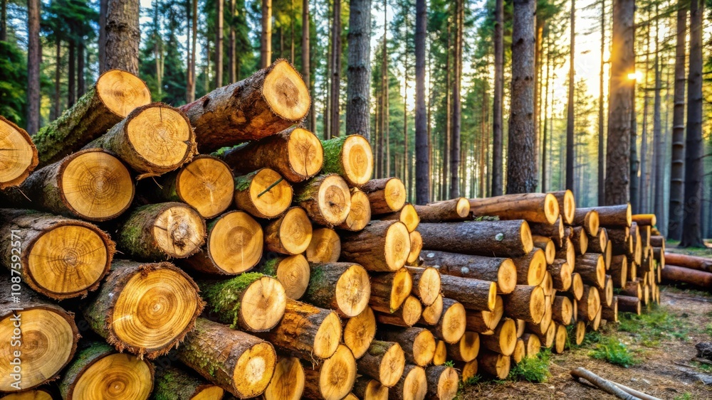 A stack of freshly cut logs in a forest, bathed in the golden glow of the setting sun, revealing the intricate rings of the trees and the beauty of nature's cycle. A stack of freshly cut logs in a forest, bathed in the golden glow of the setting sun, revealing the intricate rings of the trees and the beauty of nature's cycle.