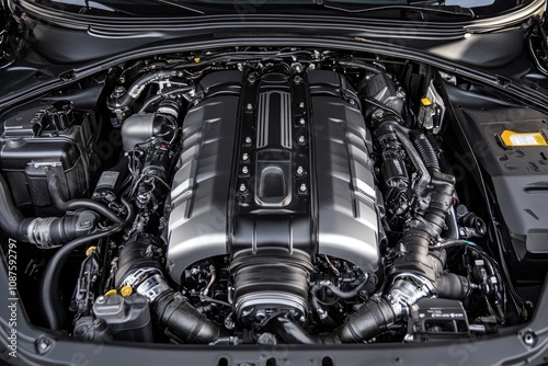 Powerful car engine demonstrating complex modern technology photo