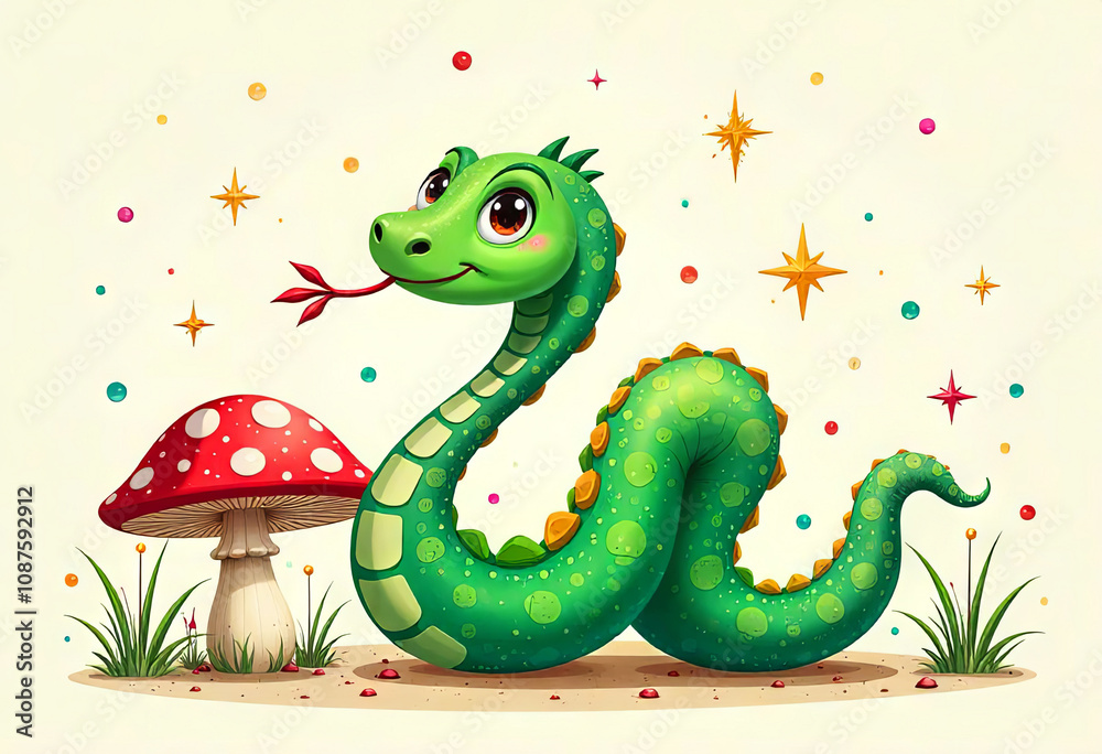 Illustration of a cartoon green snake with a fly agaric Illustration of a cartoon green snake with a fly agaric