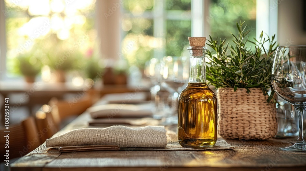 Elegant olive oil dispenser on a rustic wooden table enhances the dining experience with a serene ambiance and natural decor in a bright setting Elegant olive oil dispenser on a rustic wooden table enhances the dining experience with a serene ambiance and natural decor in a bright setting