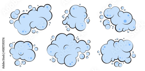 Cartoon foam bubble, soap blue cloud, bath and water, laundry icon, soda suds, gas or smoke set isolated on white background. Wash vector illustration