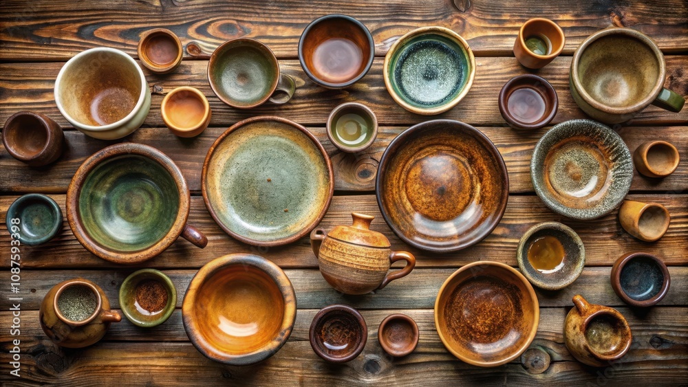 A rustic assortment of earthenware bowls, plates, and jugs displayed on a wooden table top A rustic assortment of earthenware bowls, plates, and jugs displayed on a wooden table top