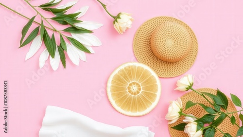 Vibrant Pink Summer Flat Lay with Straw Hat, Orange Slice, White Flowers, and Tropical Leaves - Perfect for Beach Themed Marketing or Social Media Posts