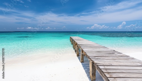 Summer vacation background with wooden pier on a white sand beach and turquoise sea water. Wallpaper